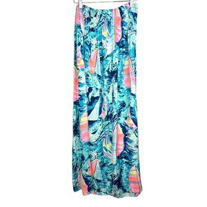 Lilly Pulitzer Maxi Skirt Women's Size M Blue Multi Sailboat Print Smocked Waist
